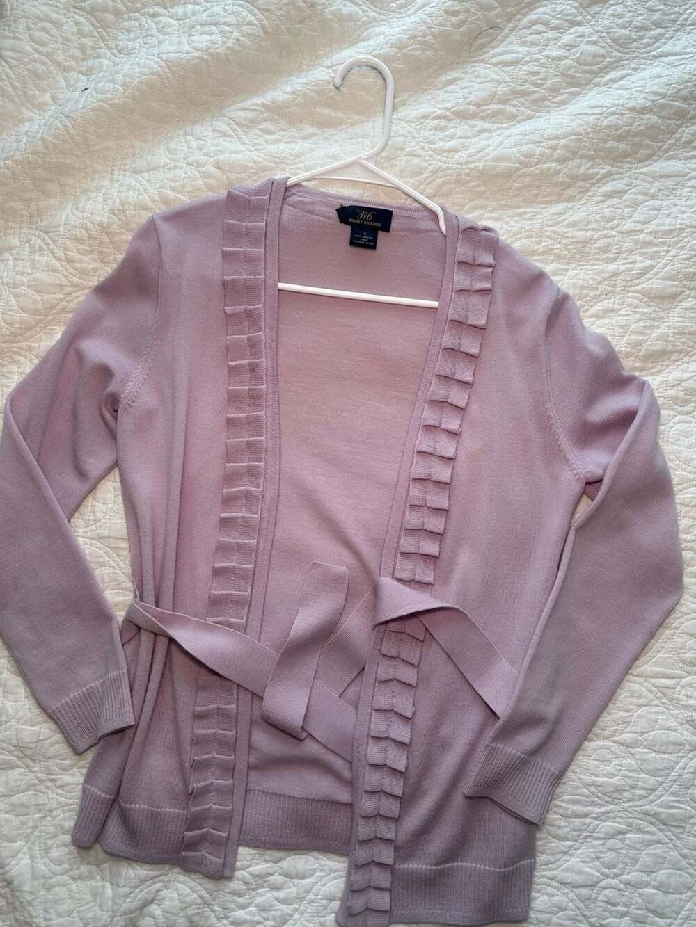 Brooks Brothers 346 Lavender 100% Merino Wool Ruffle Trim Wrap Cardigan Size S